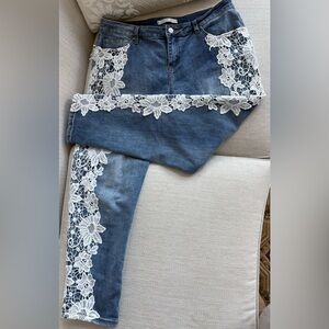 Women's Blue Denim Jeans with White Lace Trim